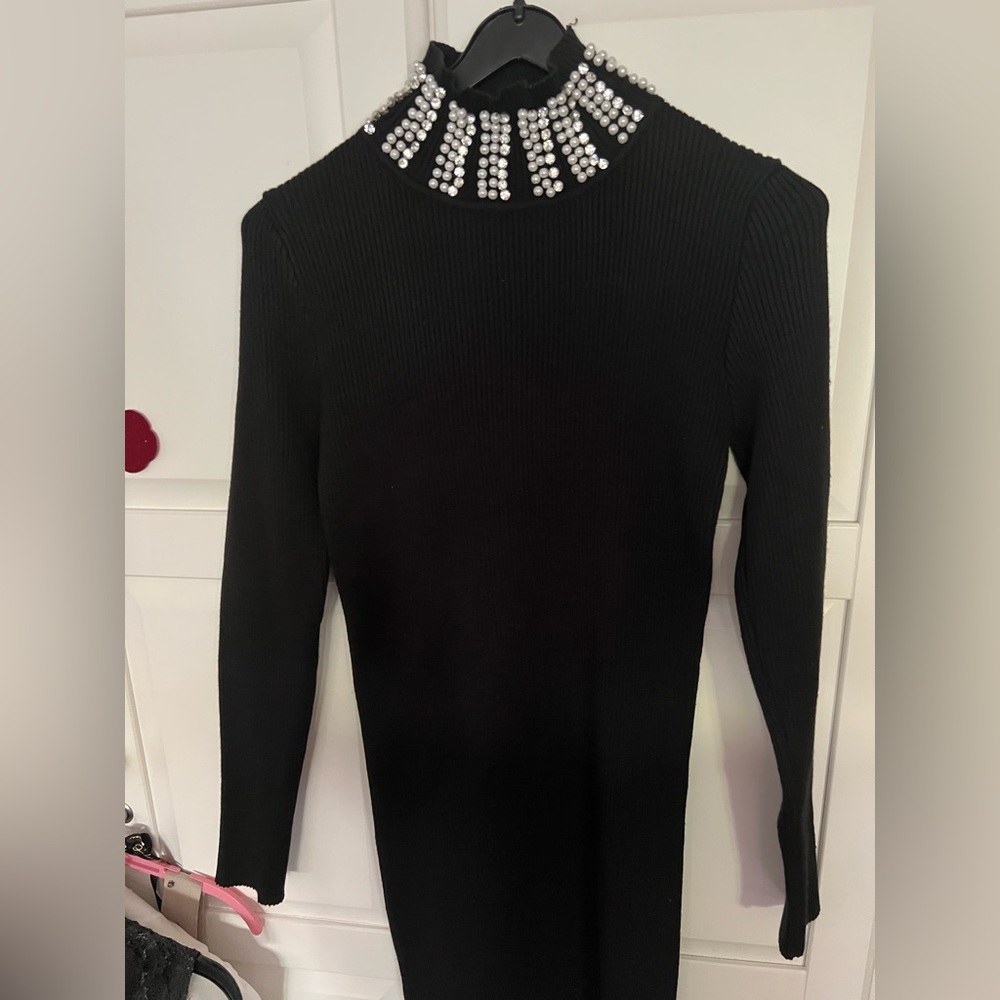 🦊NEW K fashion cotton spantex  Ribbed Long Sleeve bodycorn Dress w JewelCollar ，
